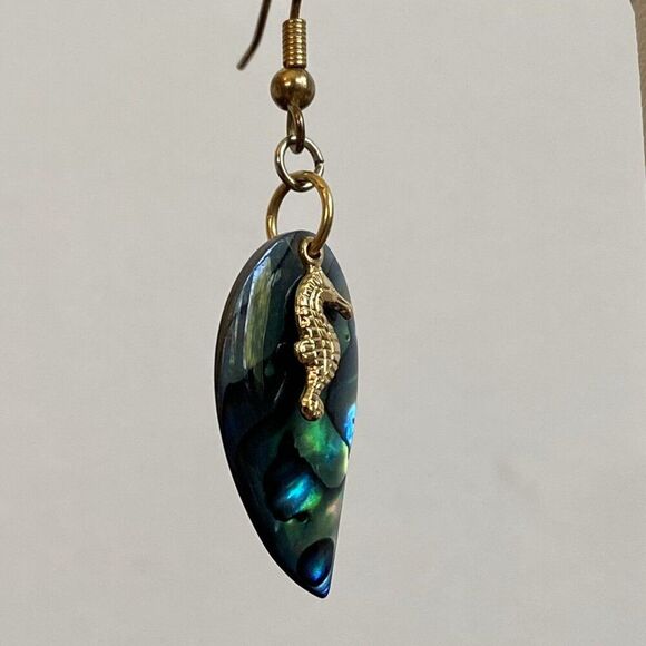 Abalone Tear Drop Gold Tone Seahorse Dangle Earrings - Picture 6 of 7